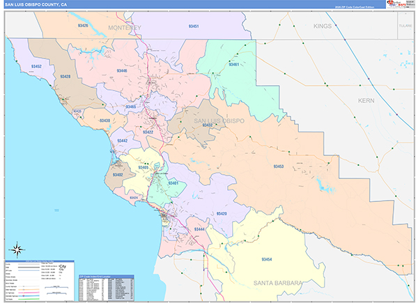 San Luis Obispo County, CA Map Color Cast Style